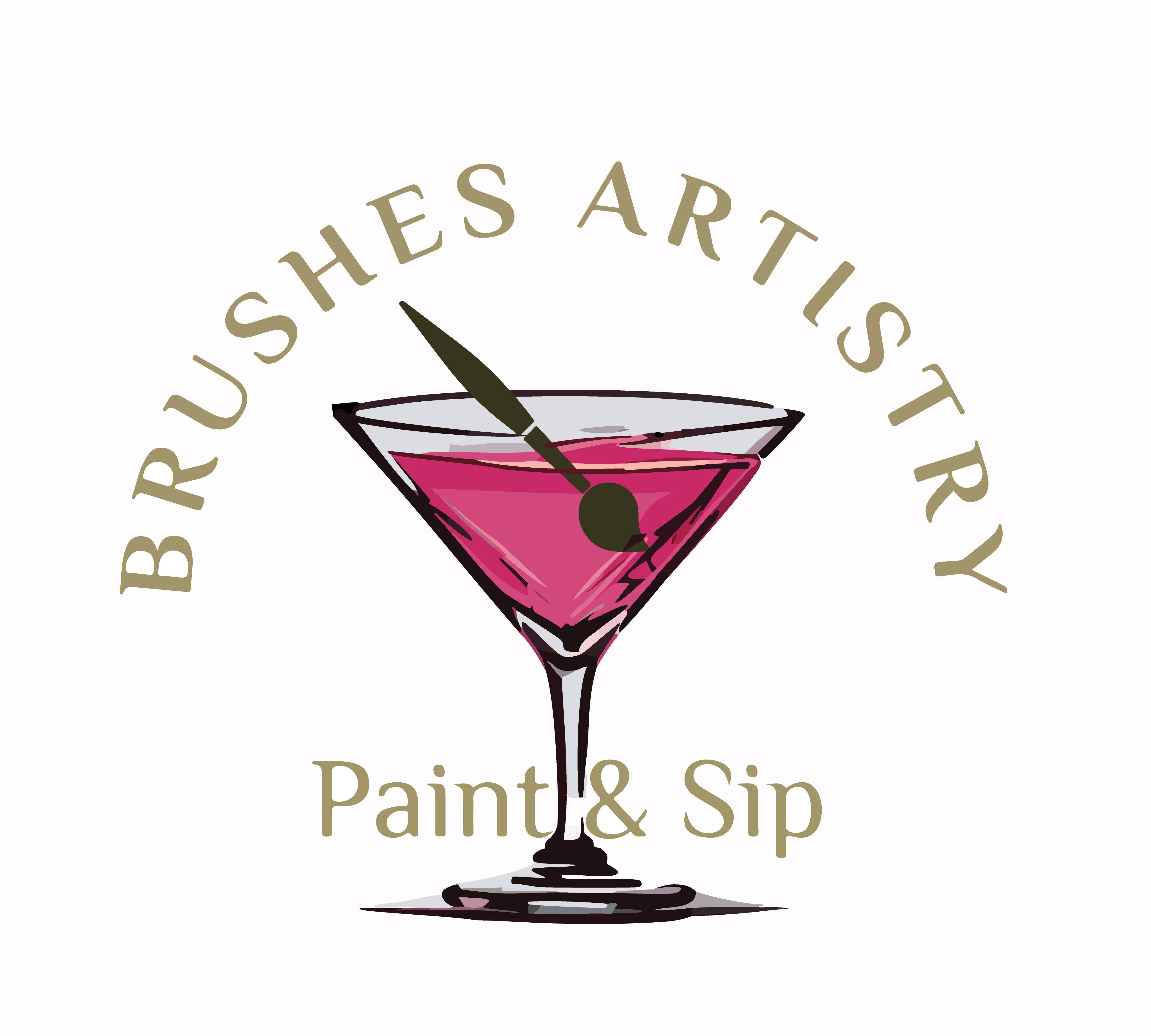 The Brushes Artistry Paint and Sip logo.  A cocktail glass with a brush resting inside.